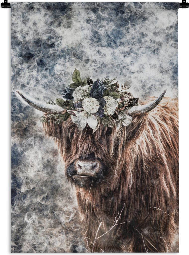 MuchoWow Wandteppich Wandbehang Schottischer Highlander - Blumen - Schwarz 120x180 cm Tapisserie Dekoration Wandtuch - Schlafzimmer - Dekoratione...