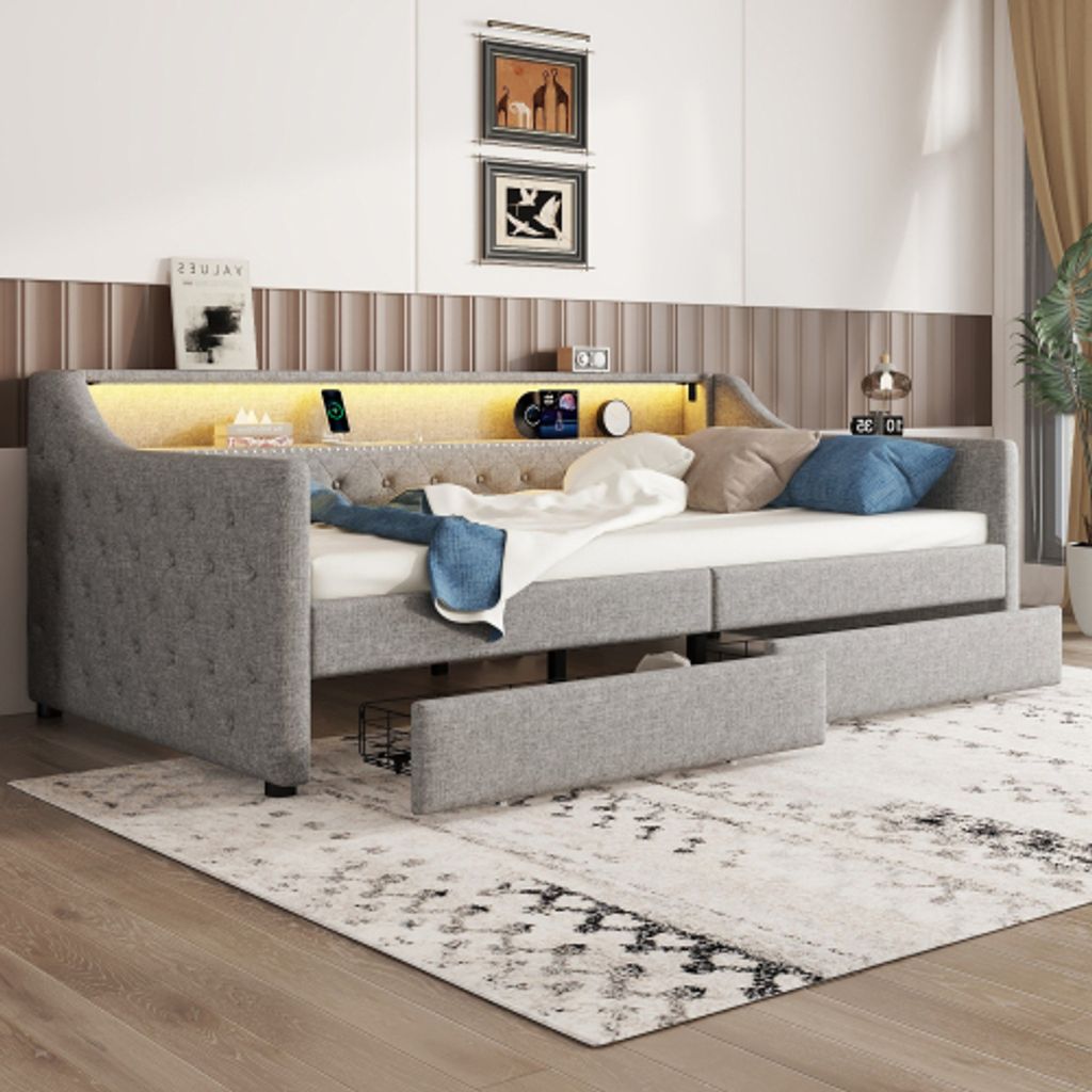 MODFU Schlafsofa Tagesbett 90x200cm mit Lattenrost und zwei Schubladen, Daybett Jugendbett mit Ambientelicht und USB-Ladebuchse, Grau(Ohne Matratze)