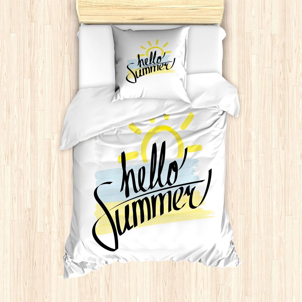 ABAKUHAUS Hallo Sommer Bettbezug Set, Freihand Pinsel streicht Hintergrund Kalligraphie Sommer Elemente, 135 x 200 cm + 80 x 80 cm, Blassgelb Mande...