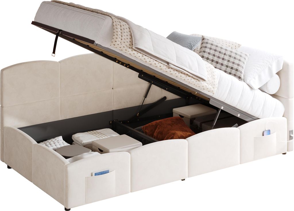 Polsterbett mit Aufbewahrung, Taschen, Lattenrost, USB und Type-C, 90x200 cm, Einzelbett mit gepolstertem Kopfteil, Samt