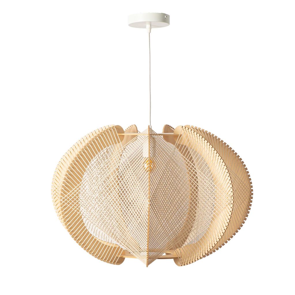 Hängelampe aus Holz und Rattan, Ø60 cm, geflochtener Lampenschirm im Boho-Stil, skandinavisches Mid-Century-Design, E27-Glühbirne.