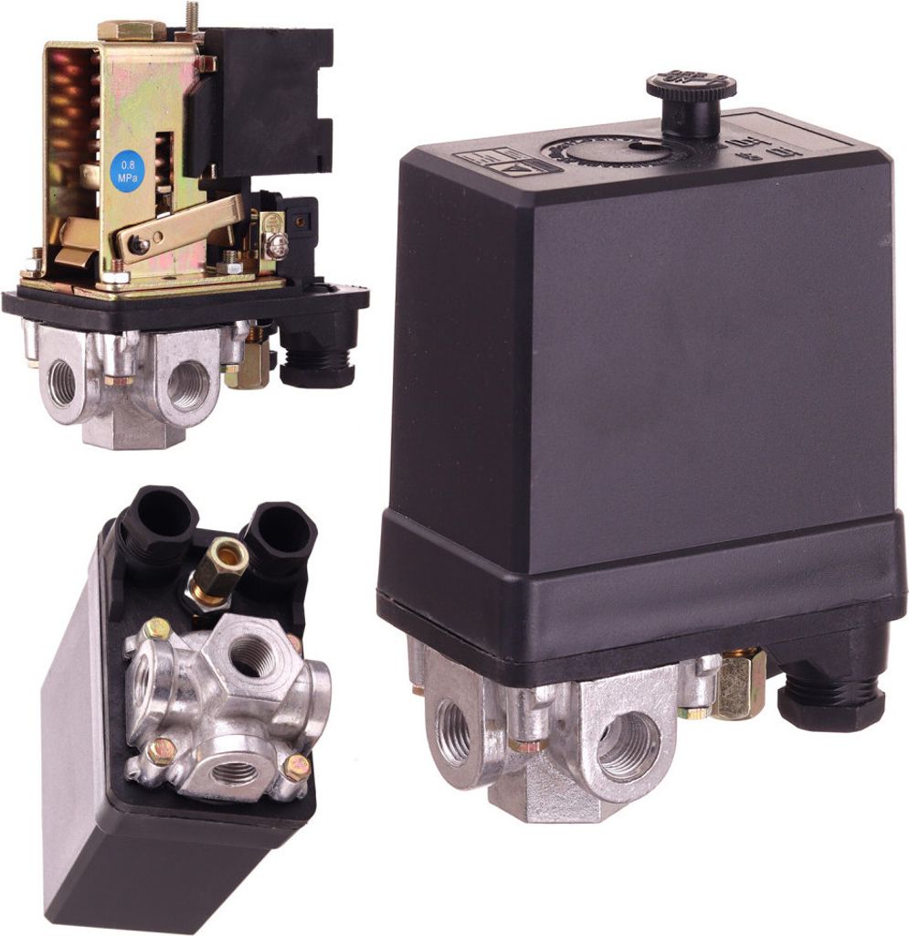 A collage of three different views of a pressure switch for an air compressor.