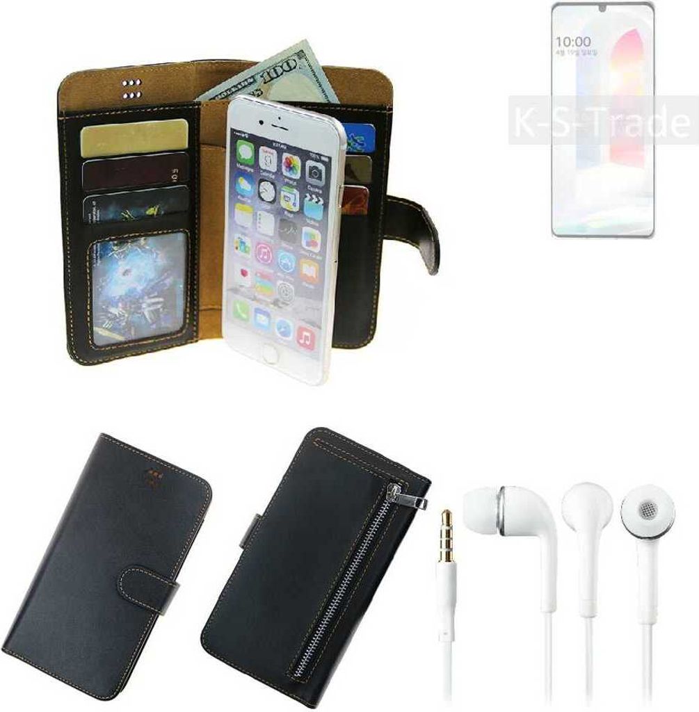 TOP SET Handy Hülle Schutz Hülle kompatibel mit LG Electronics K31 schwarz aus Kunstleder + Kopfhörer Smartphone Tasche vollwertige Geldbörse