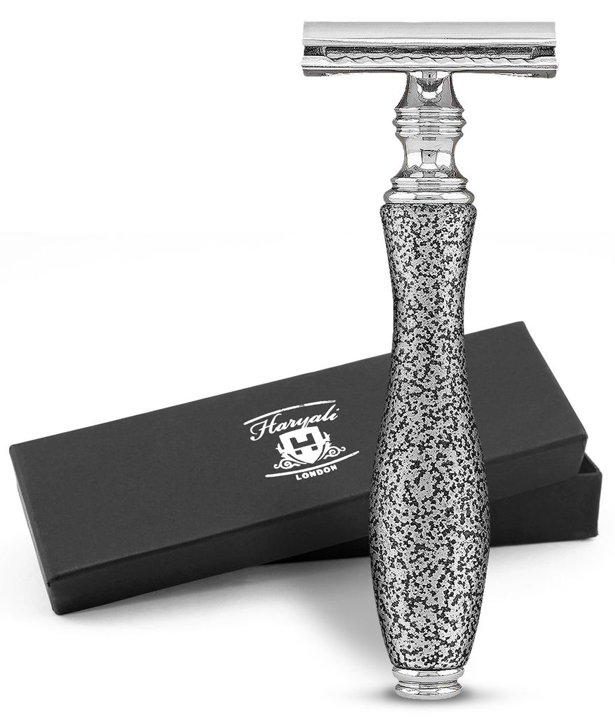 De Rasierhobel für Damen und Herren, antiker Metallgriff, Grau Packung, Rutschfester Nassrasierer aus hochwertigem Messing Silber, Abwaschbarer 11 cm