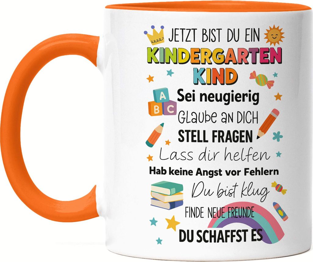 Kindergartenkind Tasse Orange Geschenk Kita Start Vorschule Mädchen Junge Motiv originelle Idee Deko