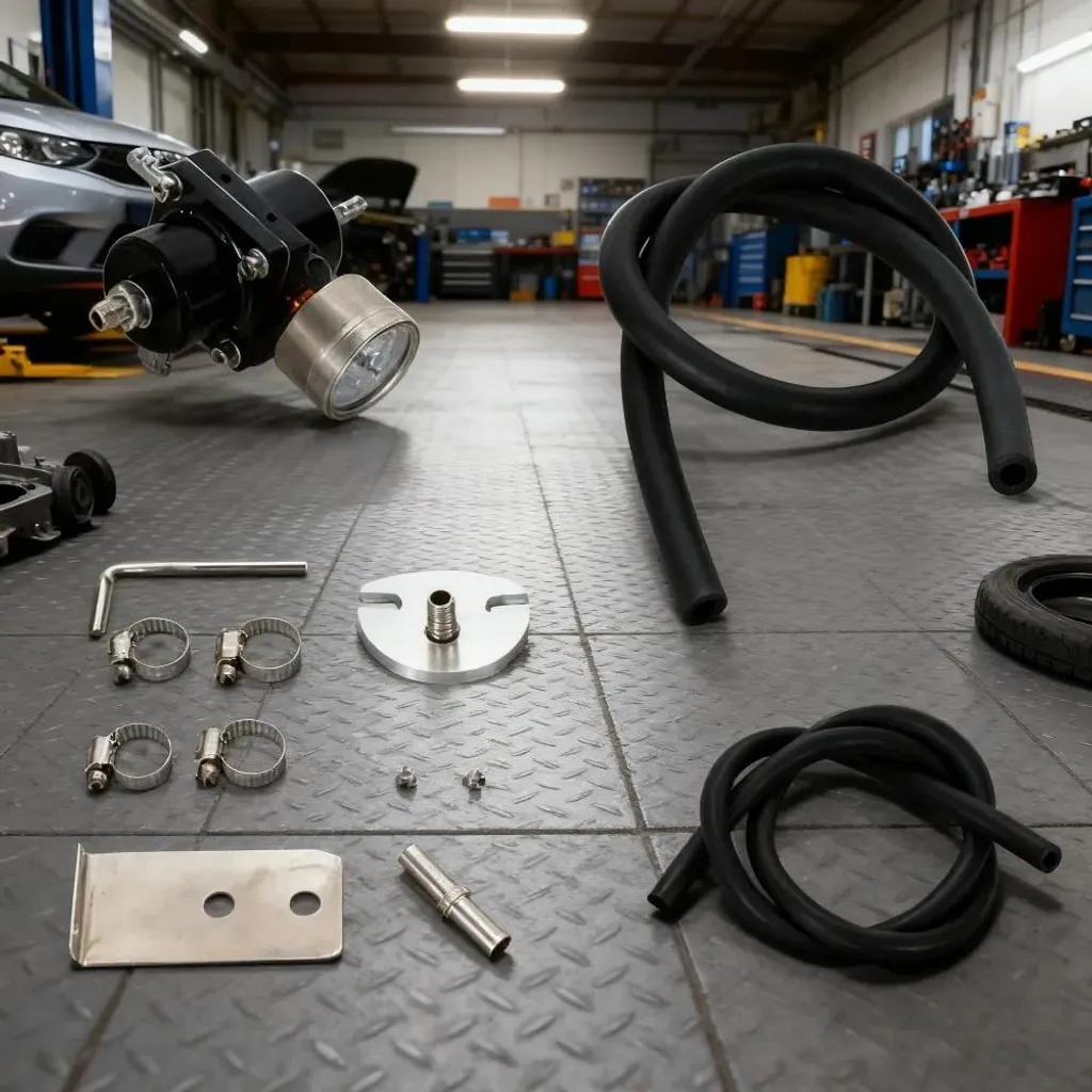 Regolatore di pressione carburante - Set - Pressione regolabile - 4 attacchi - Manometro - Tubo carburatore - Universale per auto - Per benzina - Nero - 2