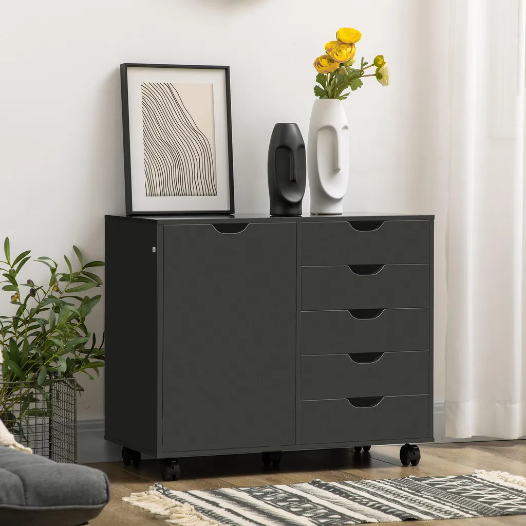 Caisson de bureau noir 5 tiroirs et support imprimante 78x40 cm