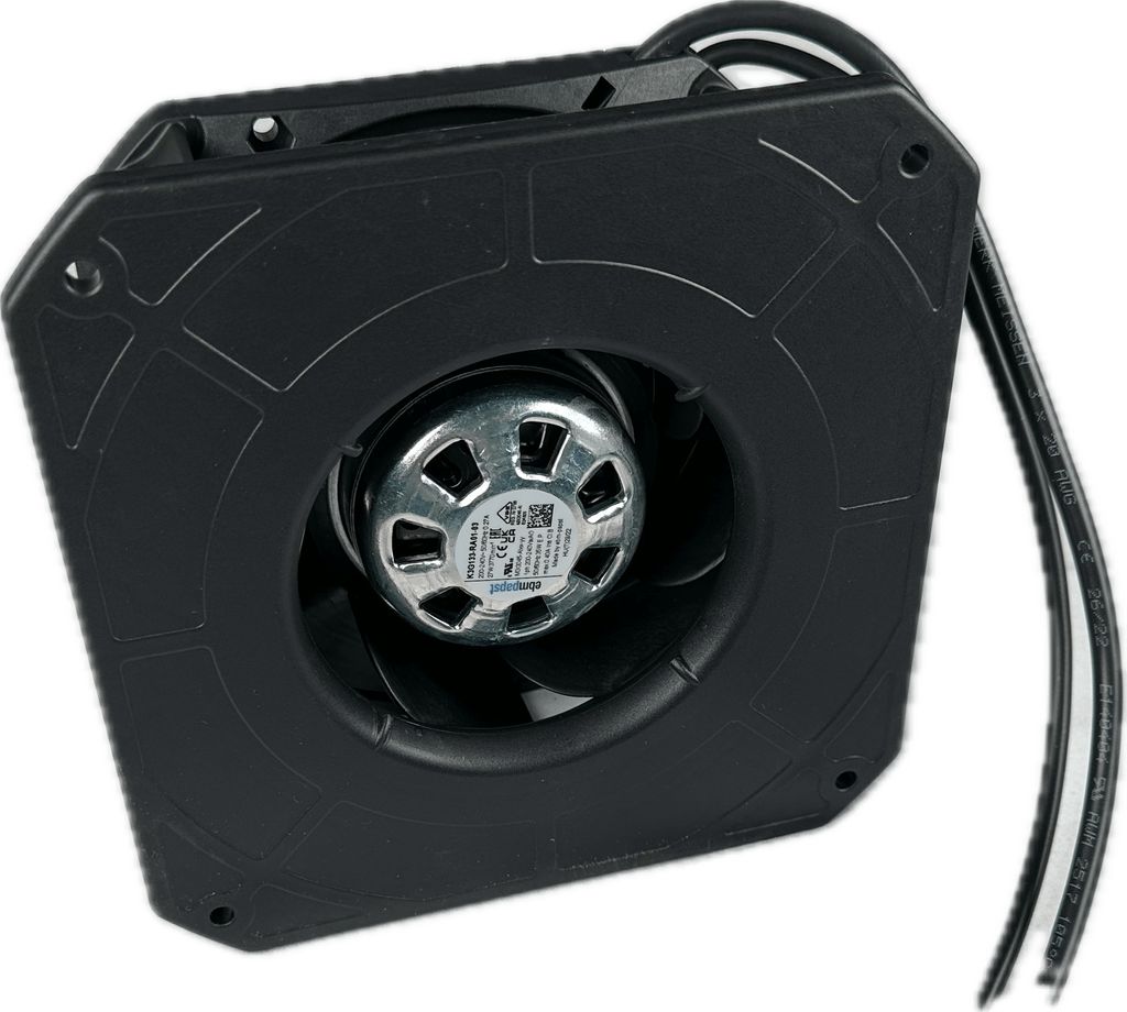 A black radial fan with a silver motor and black wires is shown against a light gray background.