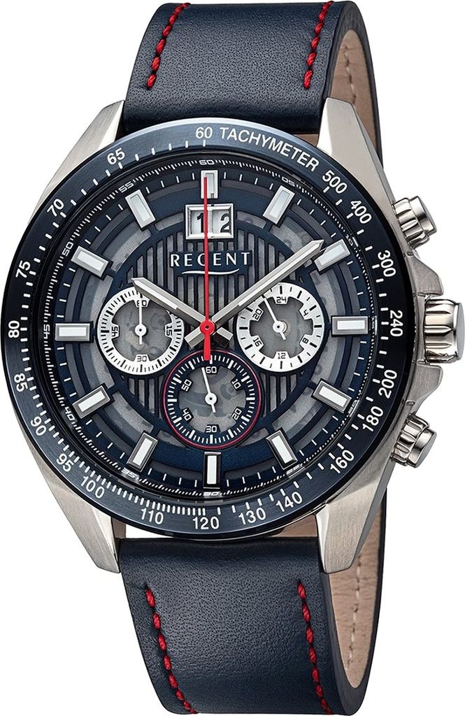 Regent Leder Herren Uhr Armbanduhr Quarz blau rot Lederarmband D2URBA827