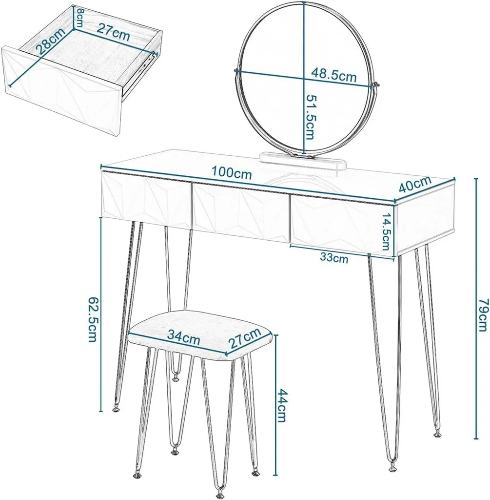 Coiffeuse Eugad avec Miroir Pivotant 360° et Tabouret en Velours Gris