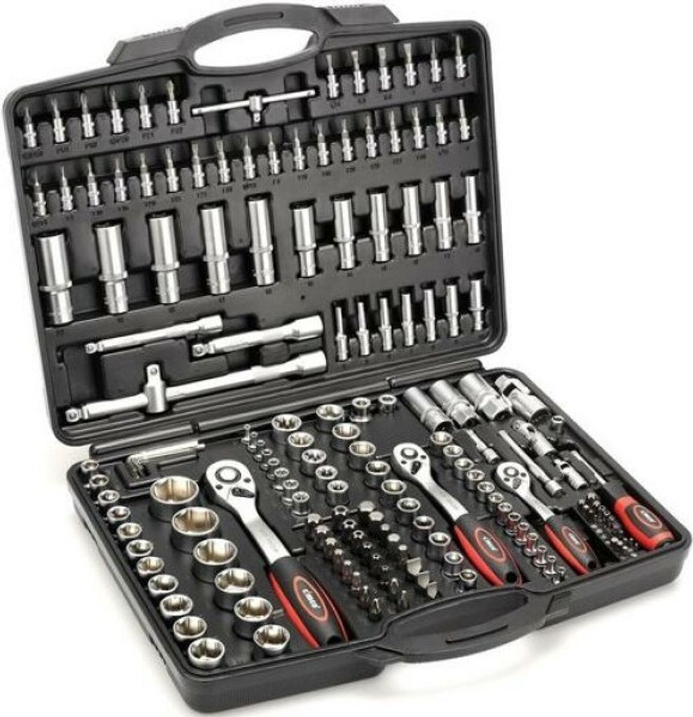 An open black toolbox filled with various metal tools, including sockets, ratchets, and bits.