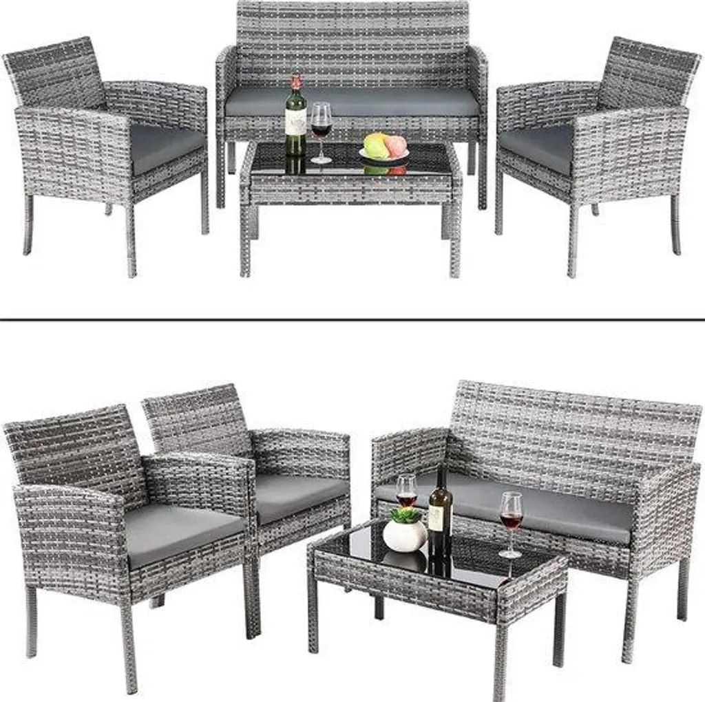 Ensemble jardin gris confortable avec banc et coussins pour repos extérieur