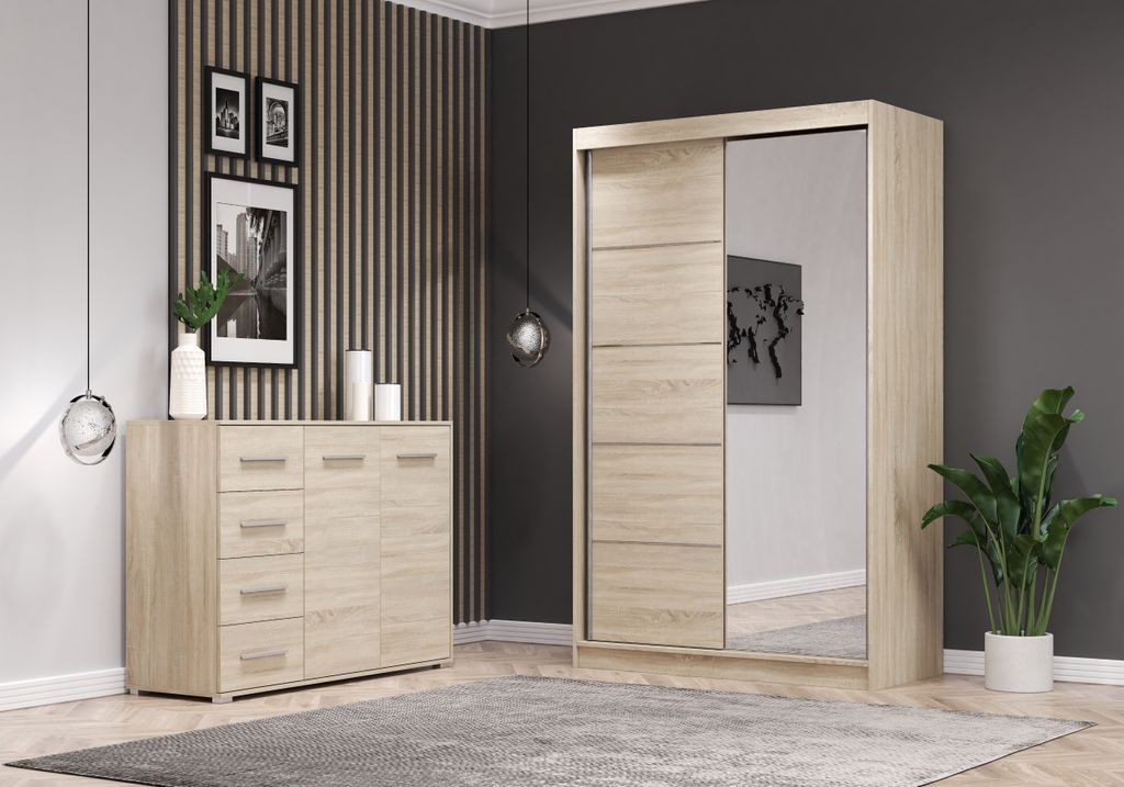 2er-Set Schwebetürenschrank Schrank Kleiderschrank mit Spiegel Sonoma Eiche/Sonoma Eiche 120cm Neomi 05 mit Kommode 135cm FRIDA 01