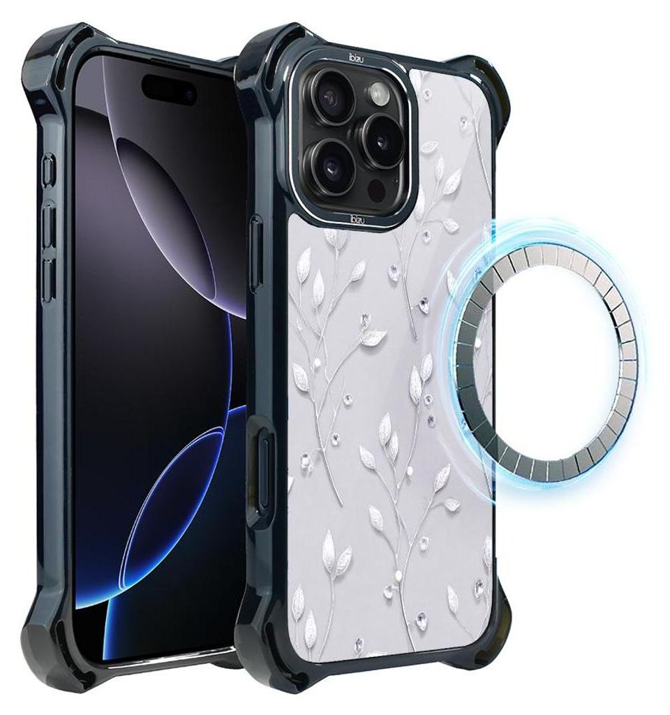 Schutzhülle für das iPhone 16 Pro Max, MagSafe-kompatibel, verstärkte Ecken, schwarz, Gefrorene Blumen