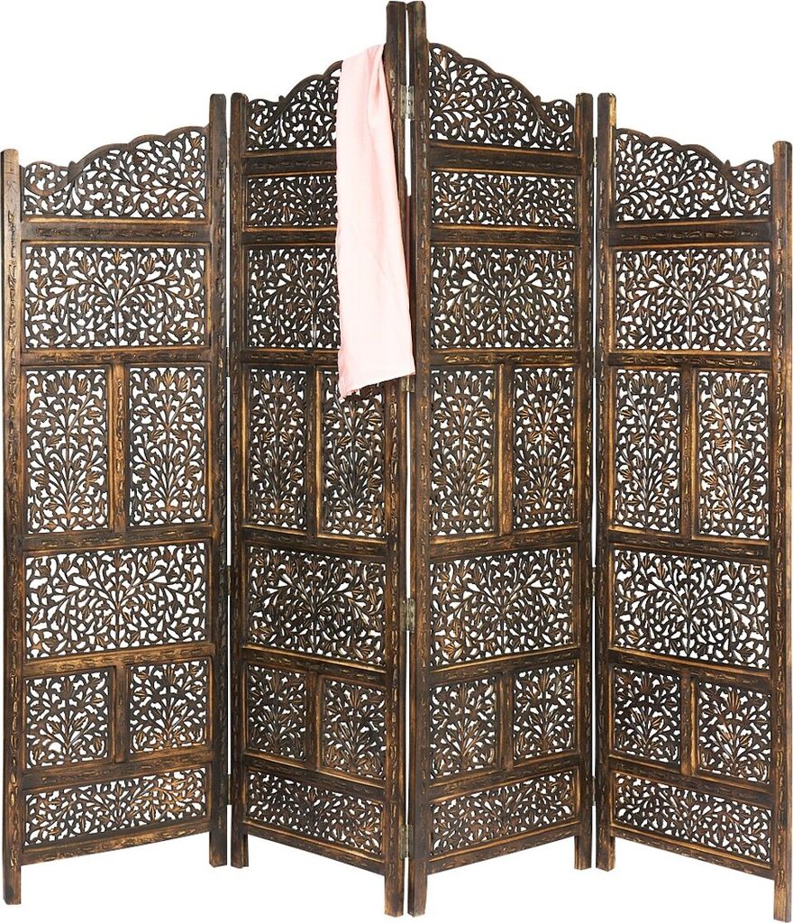 Orientalischer Paravent Raumteiler aus Holz Saraswati 200 x 180cm hoch in Braun | Indischer Trennwand als Raumtrenner oder Dekoration im Zimmer ode...