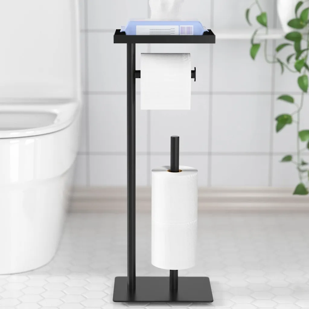 Distributeur papier toilette sur pied noir avec étagère et stock rouleaux