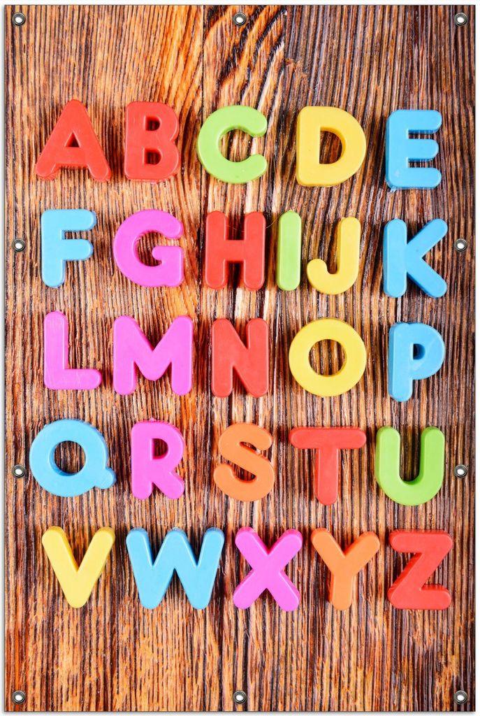 Wallario Outdoor-Poster für Garten oder Balkon, Motiv Bunte Buchstaben - Alphabet auf Holz, in ca. 100 x 150 cm