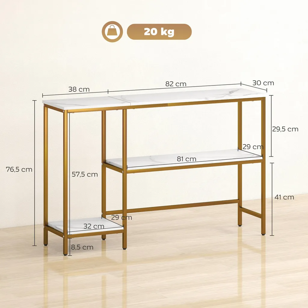Console 120 cm gain de place : rangement chic blanc et doré marbre