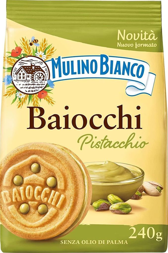 3x Mulino Bianco Baiocchi Pistacchio,Kekse mit Pistazien und Mürbeteig, ideal zum Frühstück oder Snack, ohne Palmöl 240g + Italian Gourmet Polp...