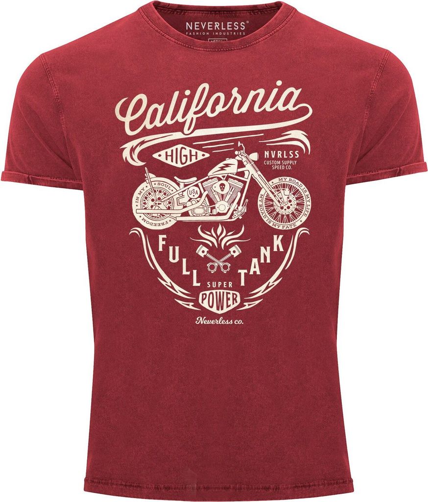 Herren Vintage Shirt Biker Motorrad Schriftzug California Full Tank Used Look Slim Fit Neverless rot L