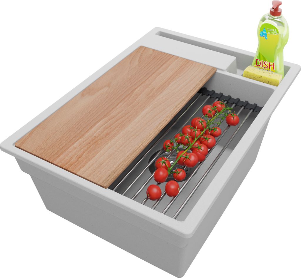 PRIMAGRAN Spülbecken Grau 38x53cm, Granitspüle 1 Becken + Ablauf-Set + Küchenzubehörset, Küchenspüle ab 40er Unterschrank - Oslo Pocket