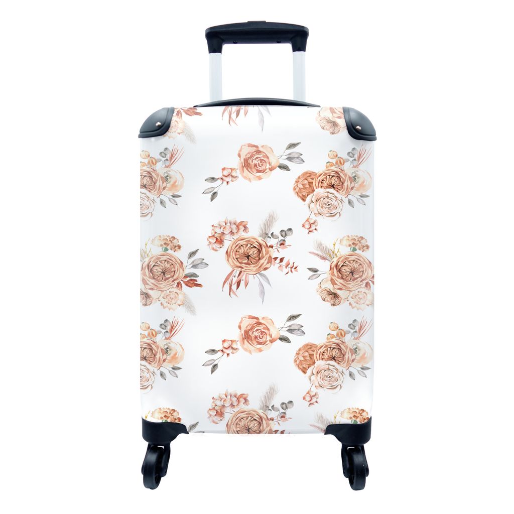 MuchoWow Koffer Handgepäck Trolley Rollkoffer Kleine Reisekoffer mit 4 Rollen - Rosen - Braun - Weiß - Cabin Size < 55x40x23 cm & 55x40x20 cm -...