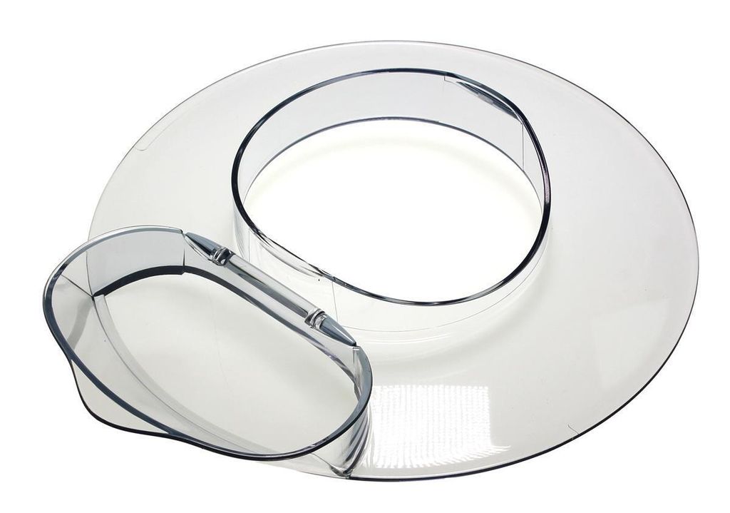 A clear plastic splash guard for a kitchen appliance, shown from a slightly elevated angle against a white background.