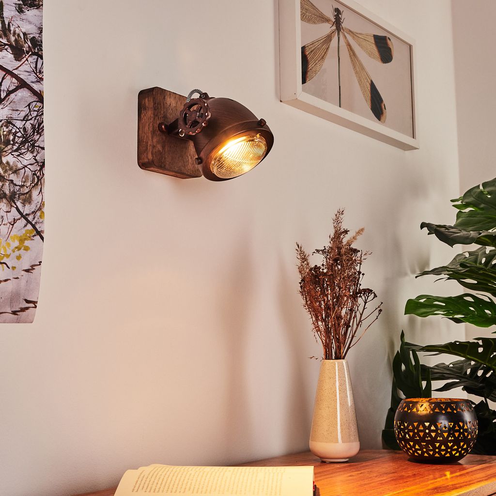 Biati »Biati« Zimmerlampe in Metall und Holz in Braun und Rost, Glasschirm