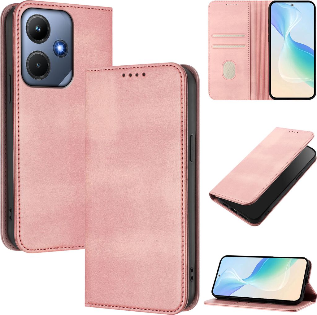 Handyhülle für Infinix Hot 30i, Vintage Leder RFID Schutz Kartenfach Standfunktion Magnetische Klapphülle Pink