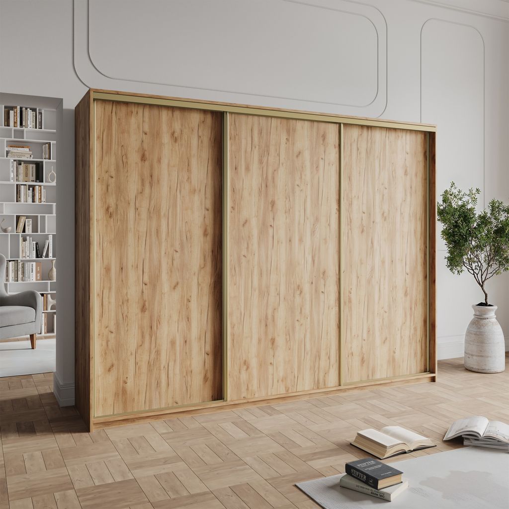 Masseno Schiebetürenschrank NISSE 270/205/60 cm Kleiderschrank mit Schubladen Schlafzimmer Schrank 3-türig Craft Eiche Goldfarben + Gold