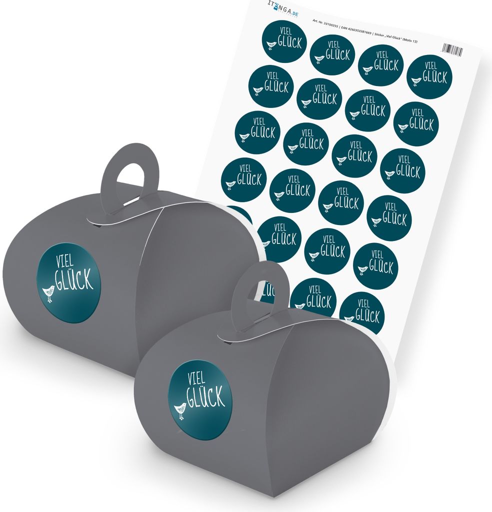 itenga SET Viel Glück (Motiv 13) 24x Geschenkschachtel mit Griff grau + Stickerb