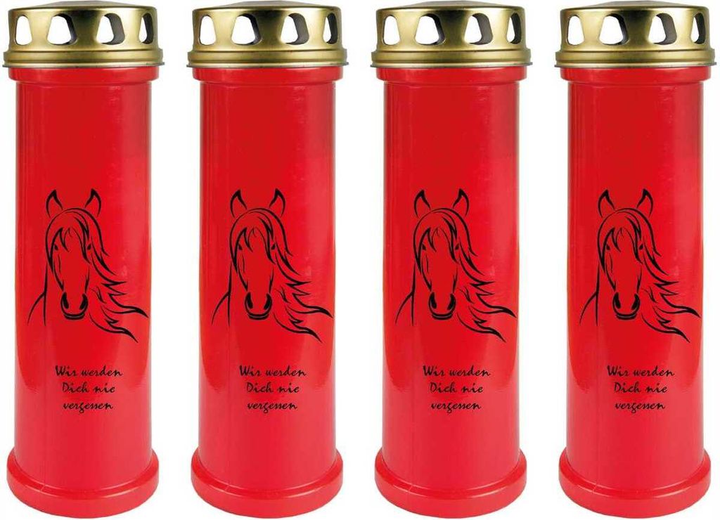 Grabkerze Rot 4er Pack, Brenndauer: 100 Stunden ( je Kerze ), Motiv: Pferdekopf