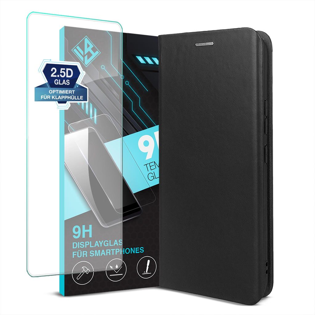 Handyhülle für Samsung Galaxy A57 5G mit 9H Displayglas Echtleder Flip Cover Hülle Case Kartenfach RFID Schutz Farbe: Schwarz