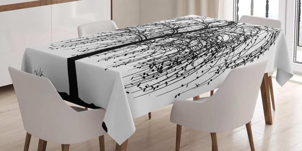 ABAKUHAUS Schwarz und weiß Tischdecke, Einfarbiges unfruchtbares Baum-Design-blattlose Niederlassung Autumn Themed Nature Image, 140 x 200 cm, Wei...