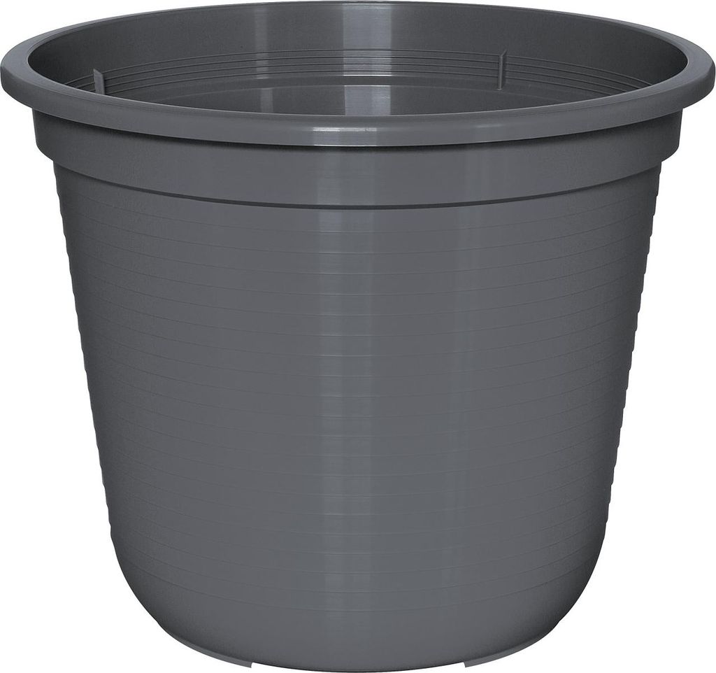 A gray plastic plant pot is shown against a white background.