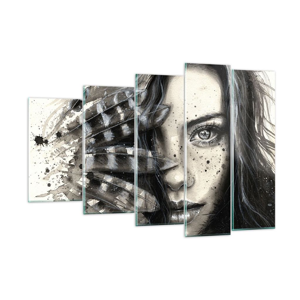 Bilder auf glas - Frau Federn Lippen Kunst. - 150x100cm - Glasbilder - Wandbilder - Kunstdruck - zum Aufhängen bereit - Wanddekoration aus Glas - ...