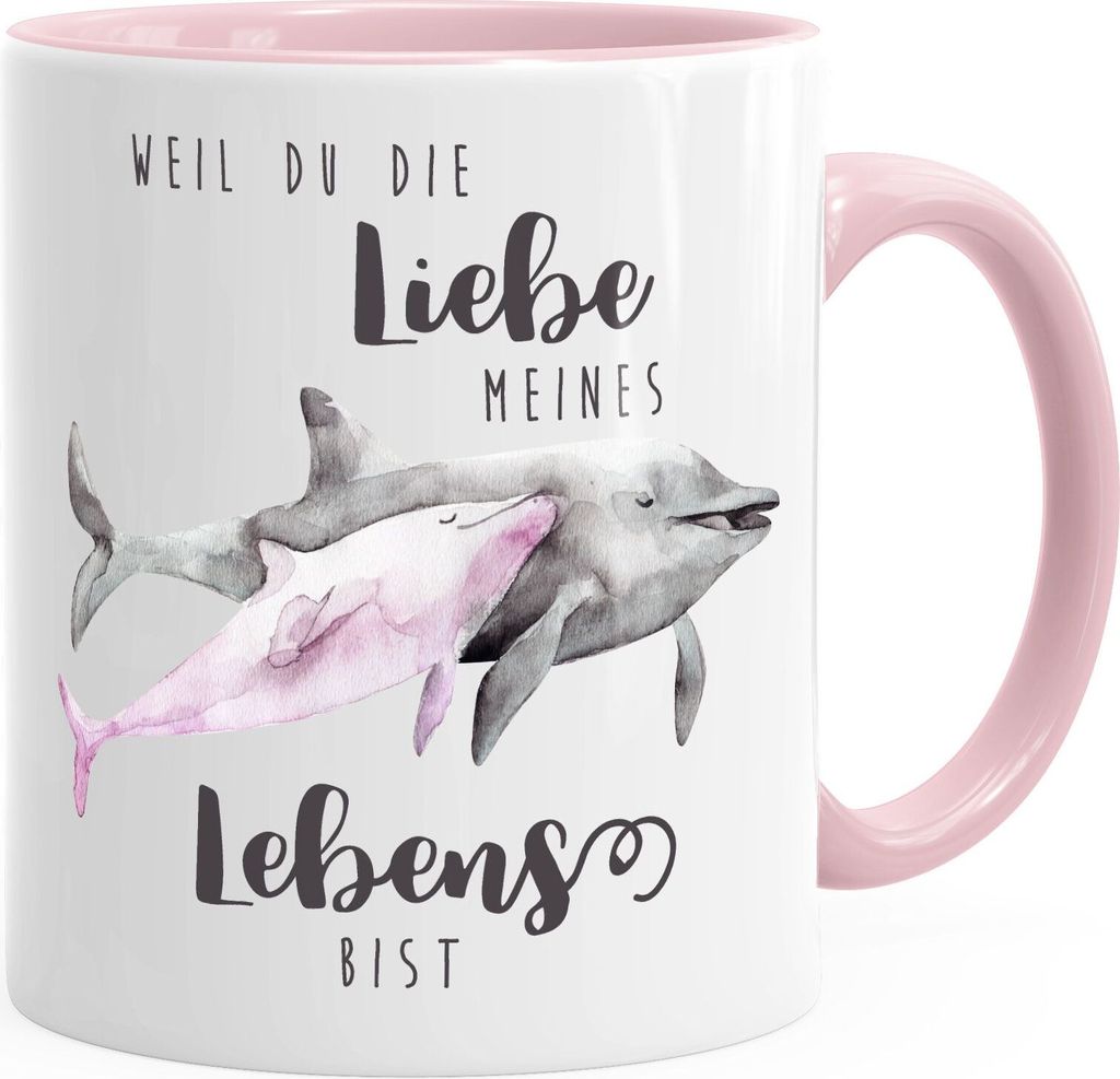 Tasse Liebe meines Lebens Delfin Delphin Watercolor Liebe Spruch Geschenk Kaffeetasse Teetasse Keramiktasse MoonWorks rosa unisize