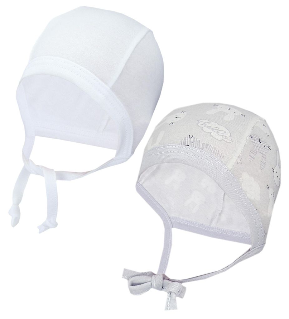 TupTam Unisex Baby Erstlingsmütze zum Binden 2er Pack, Farbe: Kaninchen Grau / Weiß, Größe: 62-68