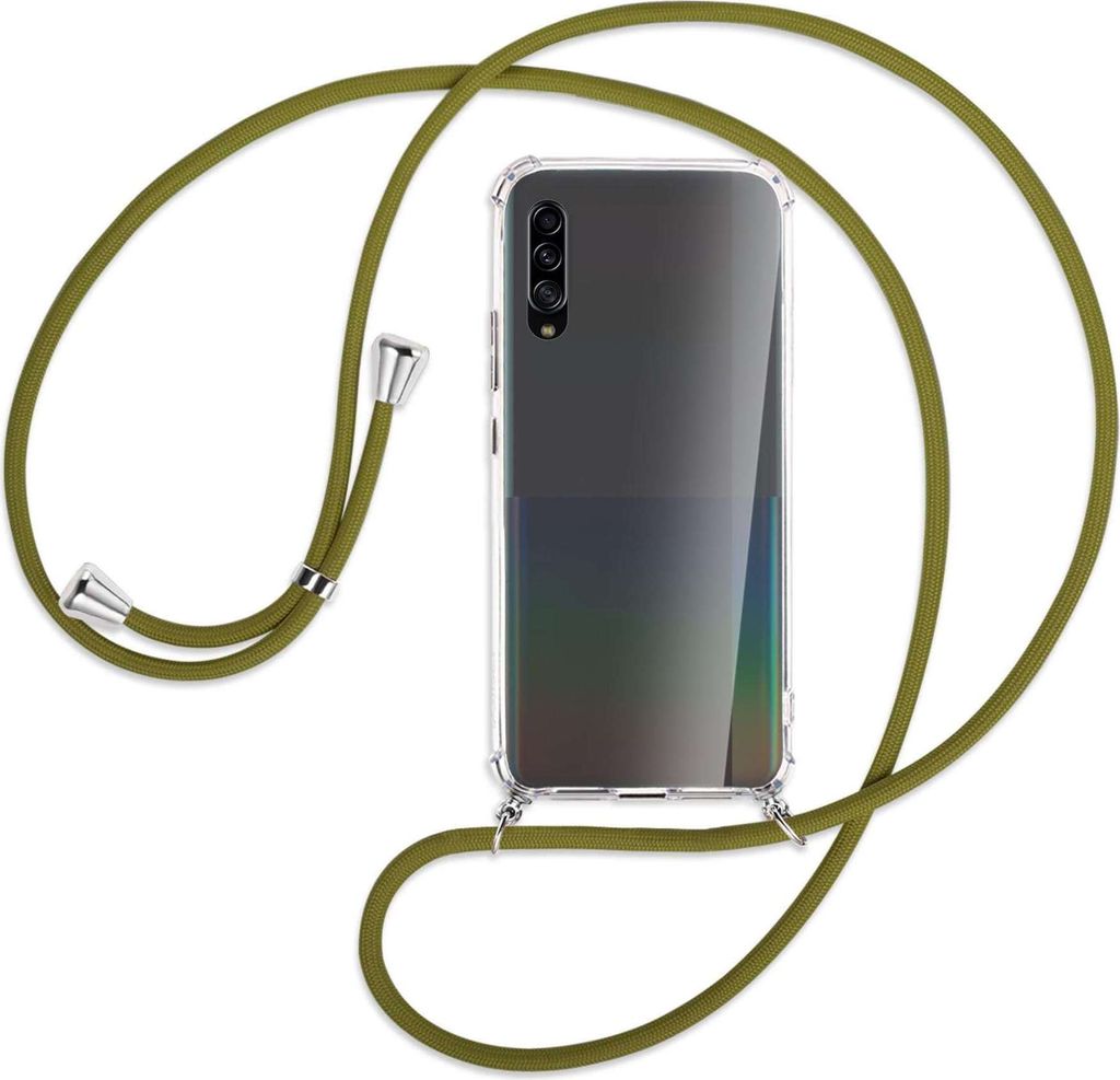 Handykette Backcover-Schutzhülle mit Band (Metall silberfarben) für Samsung Galaxy A90 5G - khaki
