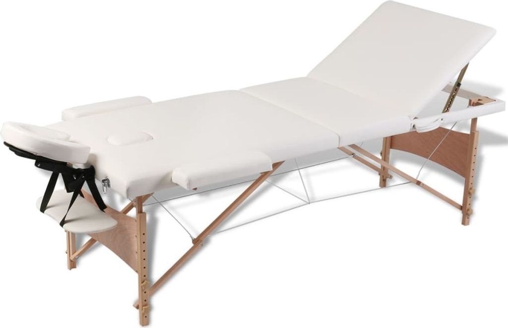 Massageliege Klappbar 3-Zonen mit Holzgestell Cremeweiß
