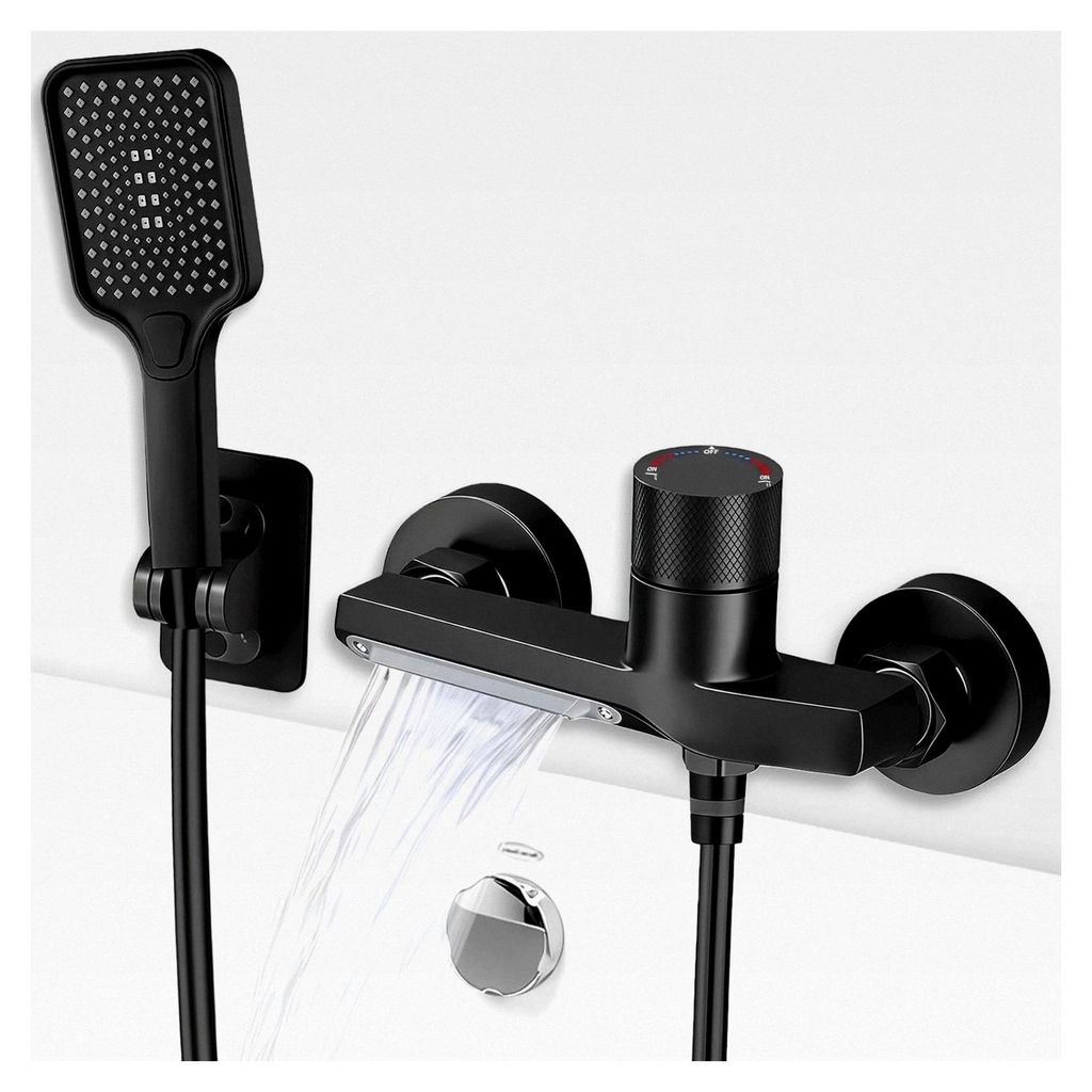Badewannenarmatur mit Handbrause und Wasserfallauslauf, Messing Mischbatterie mit 1,5 m PVC Schlauch und Wandhalterung