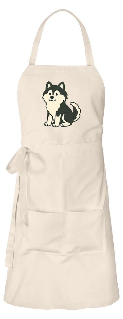 Huuraa Schürze Pomsky Comic PomPom Natur mit Taschen Baumwolle Kochschürze Geschenkidee