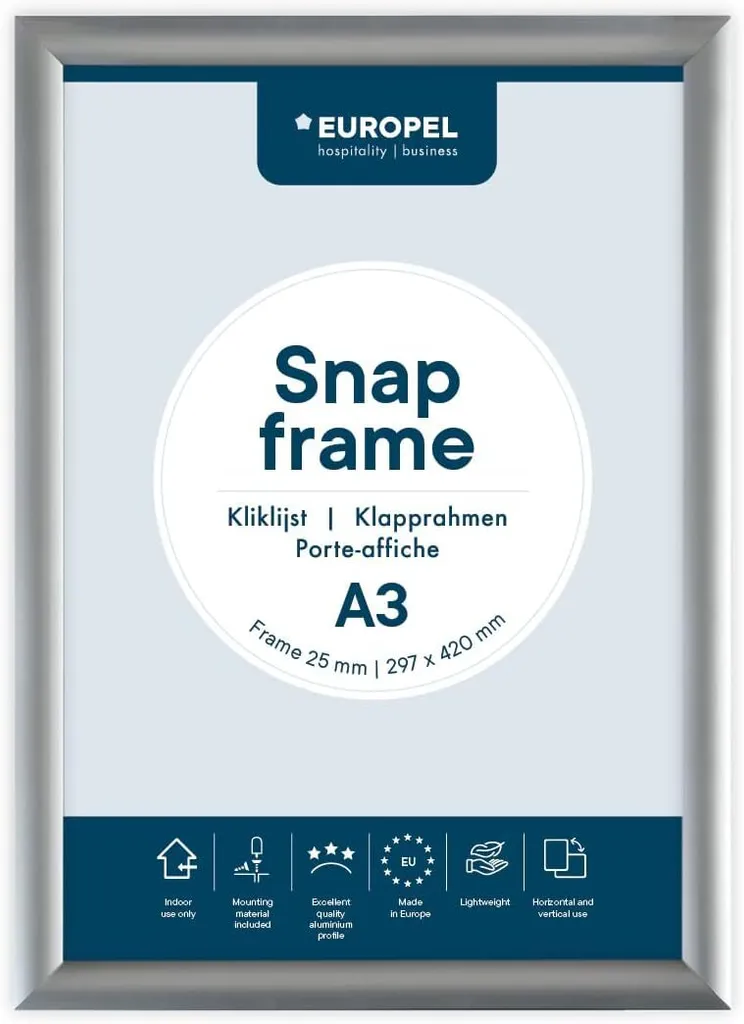Cadre à clip A3 argenté 25 mm - Changez vos affiches sans outils ni vis