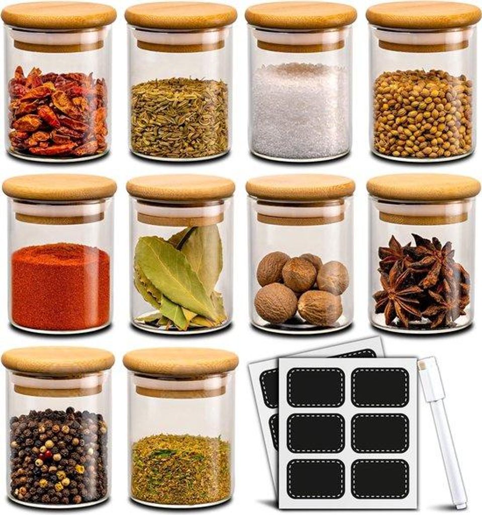 Kräuter-Tröpfchen-Sets aus zehn luftdichten Glasflaschen mit zehn Etiketten, 120 ml, Waschmaschinengeeignete Balsam-Flacons