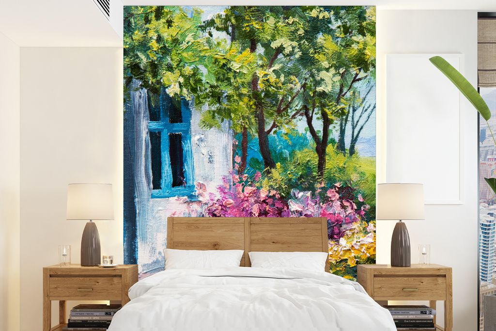 MuchoWow Fototapete für Wohnzimmer oder Schlafzimmer Wandtapete Vinyl Motivtapete Gemälde - Pflanzen - Blumen - Haus - Öl - 175x240 cm - Schla...
