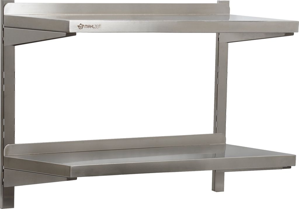 A stainless steel wall-mounted shelf unit with two shelves.