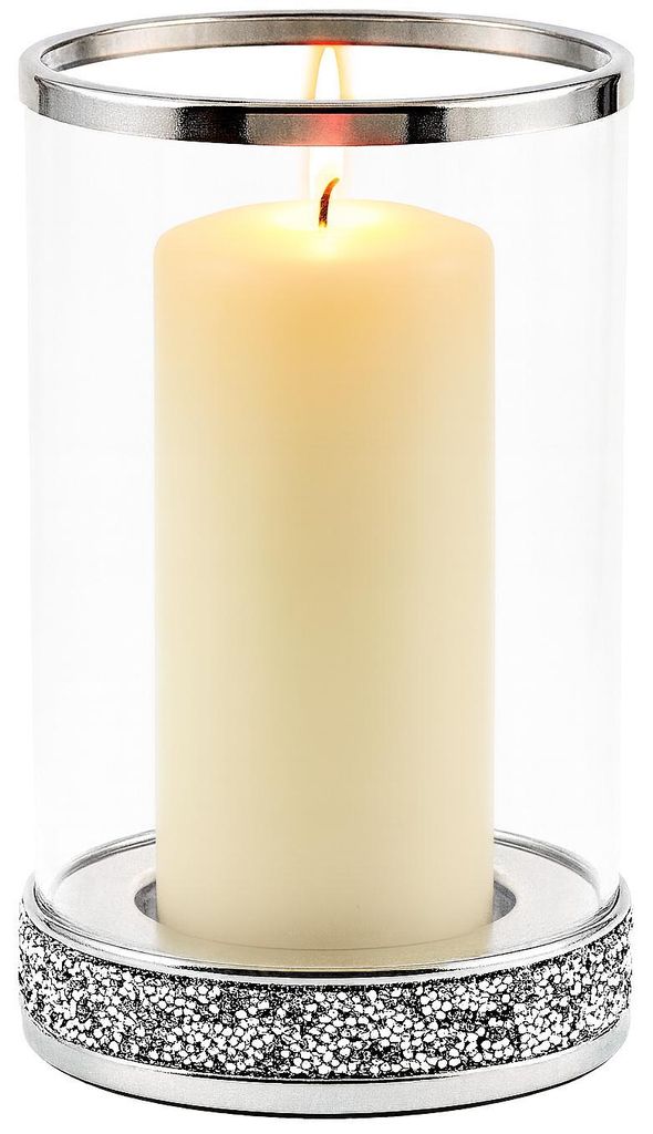 Edles Windlicht Glas rund 24 cm Ø13 cm – Kerzenglas aus Glas & Metall mit Glitzerboden – Deko Teelichthalter für Zuhause