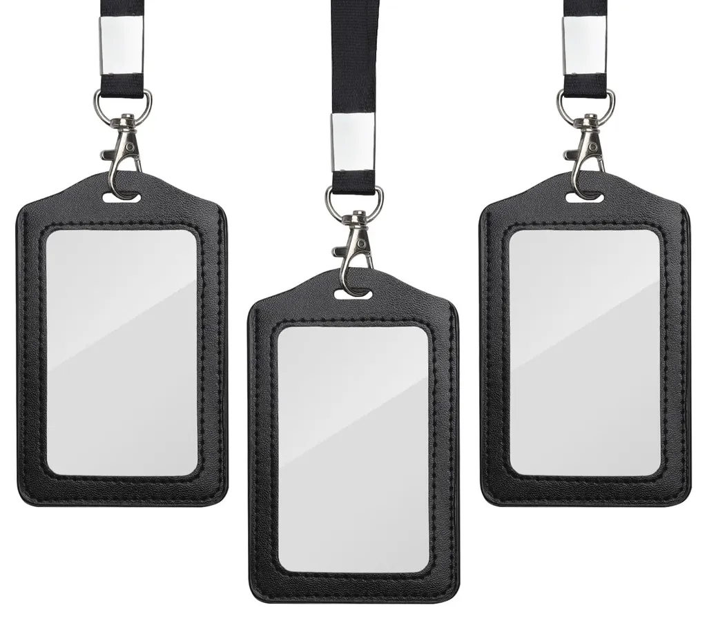 Porte-carte avec lanière en cuir noir et fenêtre double face Modèle V2