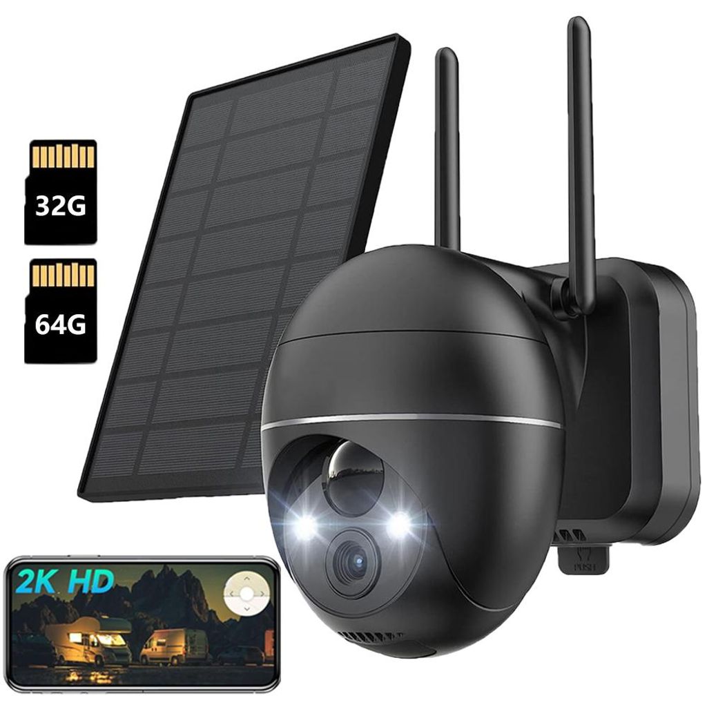 3MP Solar Überwachungskamera Aussen Wi-Fi 360° PTZ Kamera mit Kabellose Solarpanel Farbnachtsicht PIR Erkennung Sirene/Weißlichtalarm mit 32G & 64G