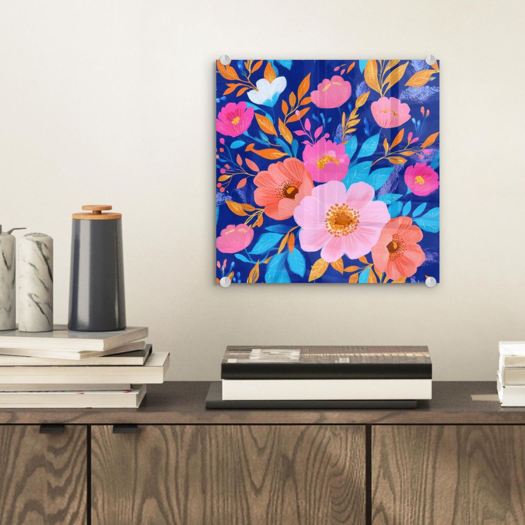 MuchoWow Glasbilder - Bilder auf Wandbild - Foto auf Glas Blumen - Blau - Rosa 20x20 cm Wanddekoration aus Glas - Acrylglasbild - Acrylbilder - Bil...